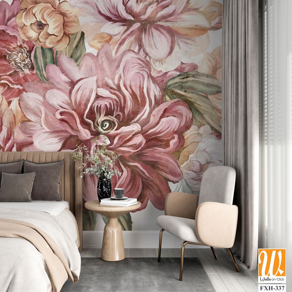 Drawn art peonies and roses in a bouquet of flowers on a textural background photo wallpaper for the interior [WP-FXH-337]