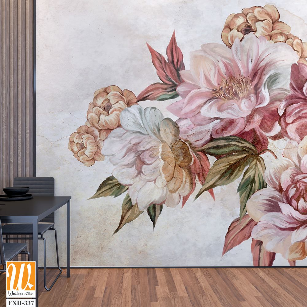 Drawn art peonies and roses in a bouquet of flowers on a textural background photo wallpaper for the interior [WP-FXH-337]