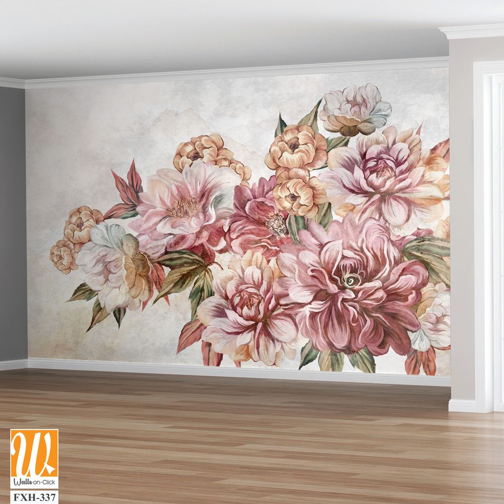 Drawn art peonies and roses in a bouquet of flowers on a textural background photo wallpaper for the interior [WP-FXH-337]