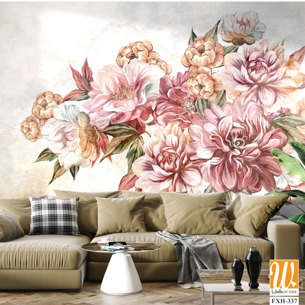 Drawn art peonies and roses in a bouquet of flowers on a textural background photo wallpaper for the interior [WP-FXH-337]