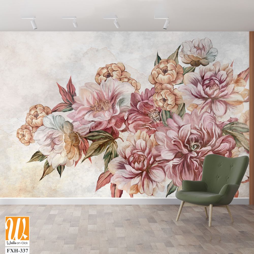 Drawn art peonies and roses in a bouquet of flowers on a textural background photo wallpaper for the interior [WP-FXH-337]