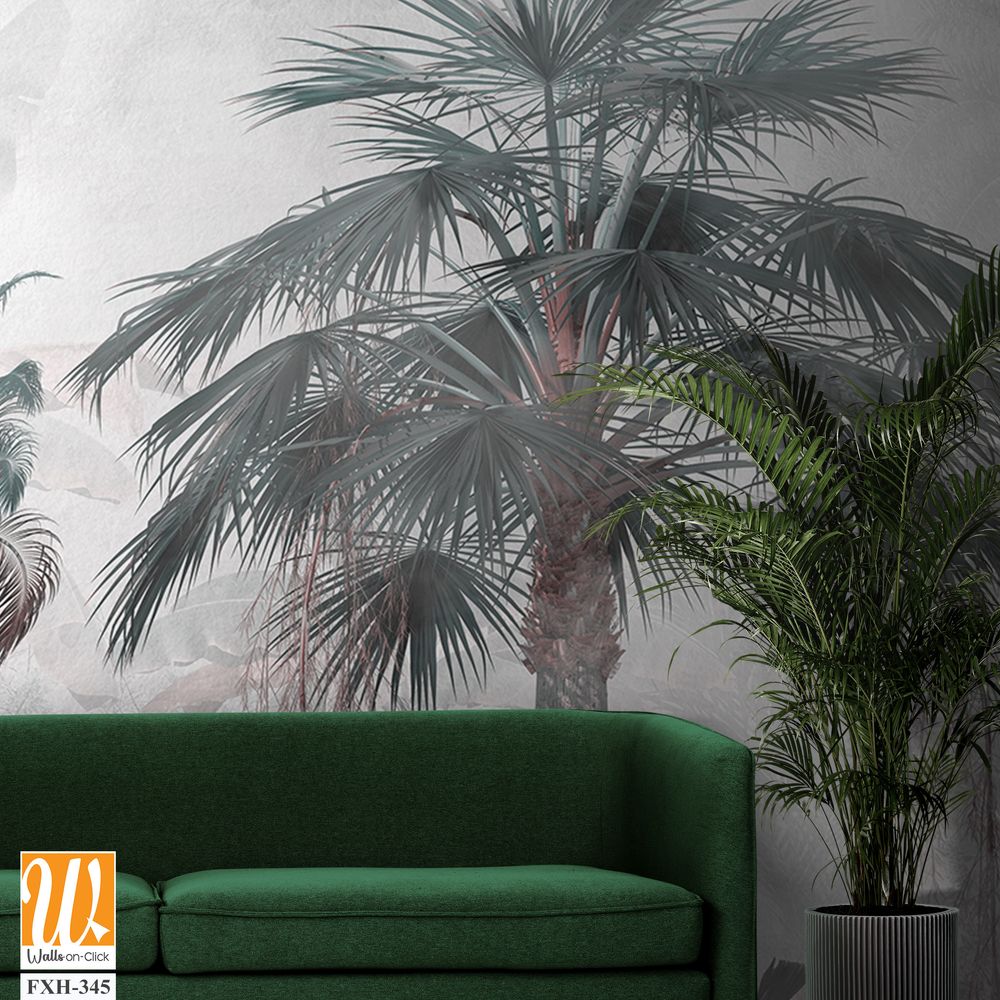 Tropical trees and leaves wallpaper design in foggy forest - 3D illustration [WP-FXH-345]