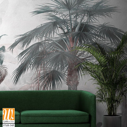 Tropical trees and leaves wallpaper design in foggy forest - 3D illustration [WP-FXH-345]
