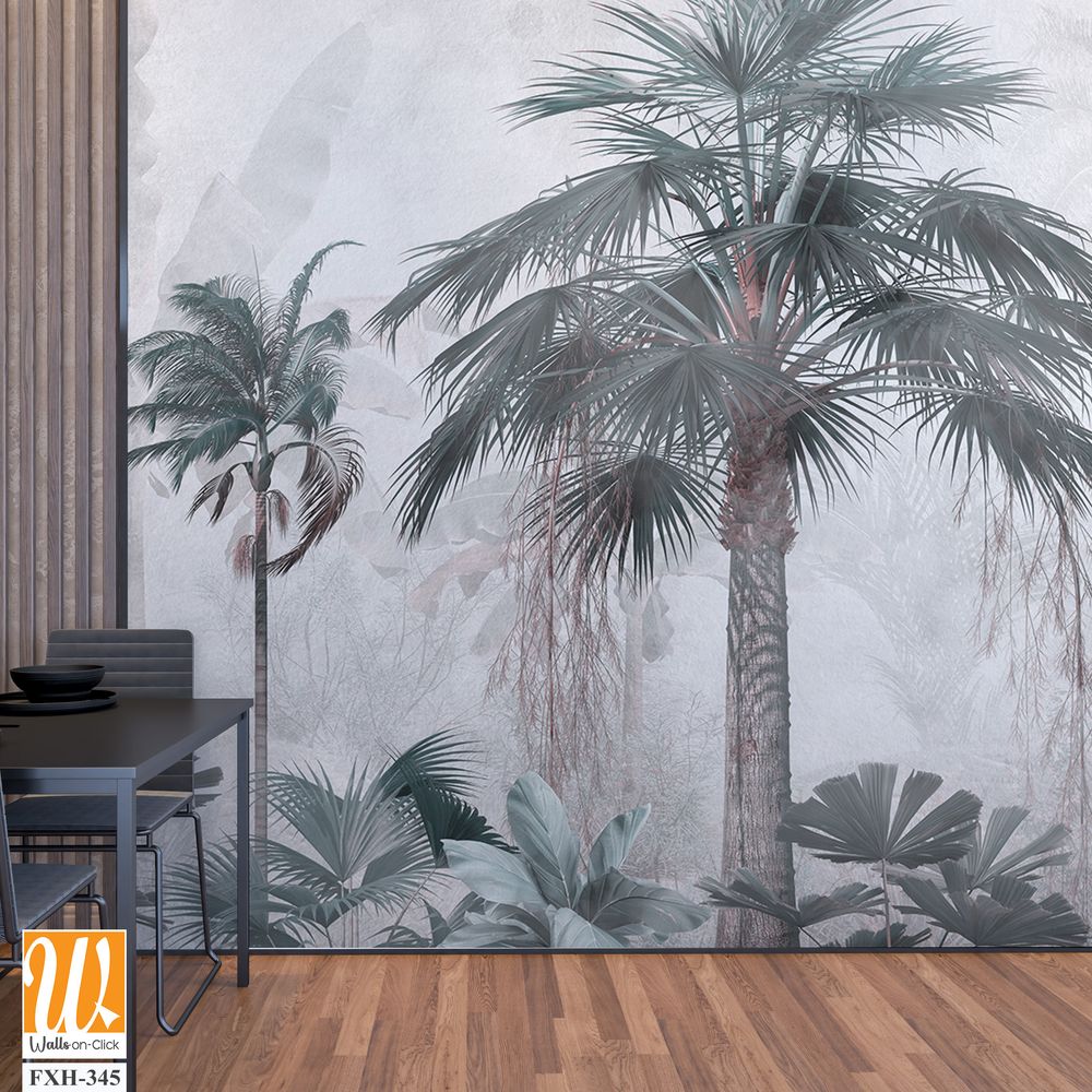 Tropical trees and leaves wallpaper design in foggy forest - 3D illustration [WP-FXH-345]