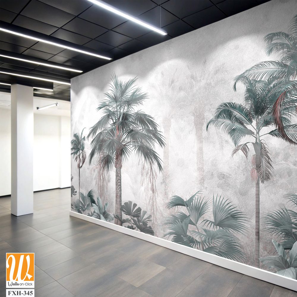 Tropical trees and leaves wallpaper design in foggy forest - 3D illustration [WP-FXH-345]
