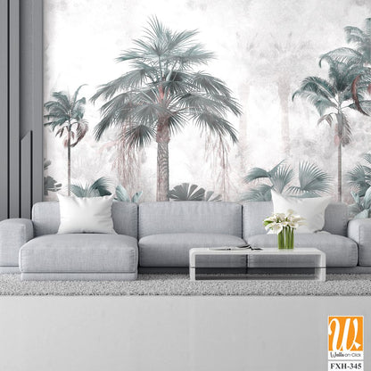 Tropical trees and leaves wallpaper design in foggy forest - 3D illustration [WP-FXH-345]
