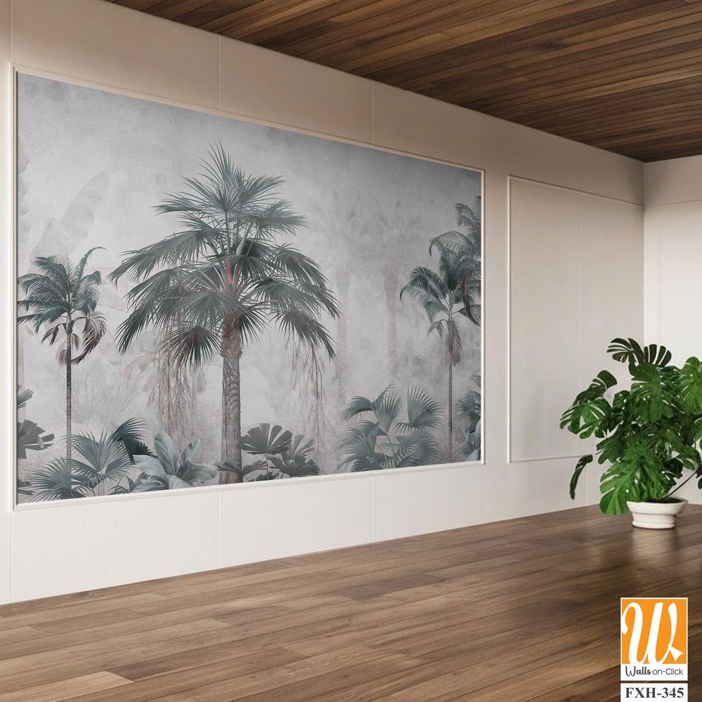 Tropical trees and leaves wallpaper design in foggy forest - 3D illustration [WP-FXH-345]