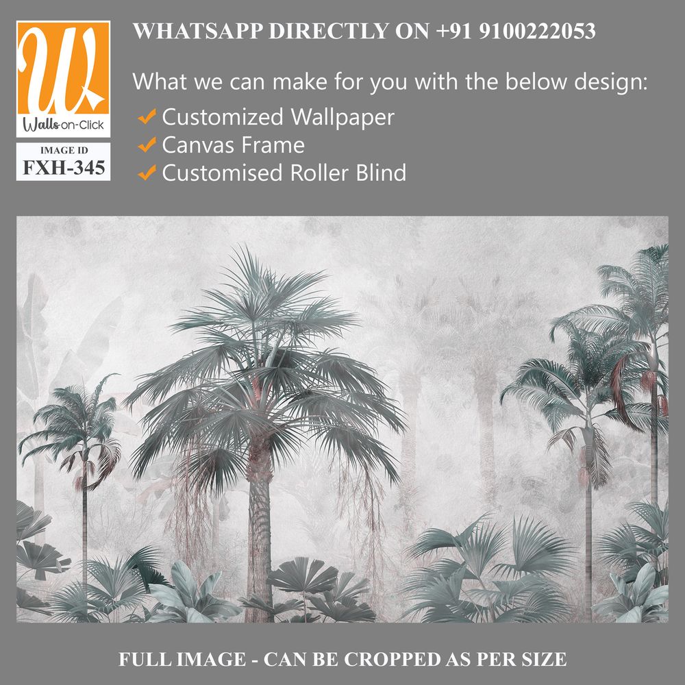 Tropical trees and leaves wallpaper design in foggy forest - 3D illustration [WP-FXH-345]