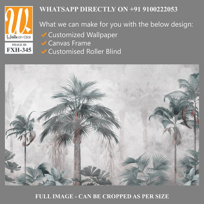 Tropical trees and leaves wallpaper design in foggy forest - 3D illustration [WP-FXH-345]