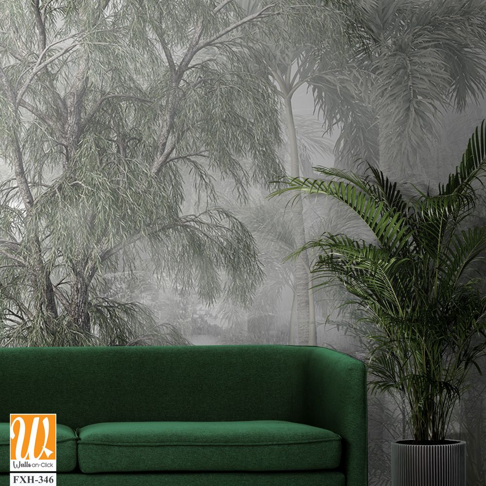 Tropical trees and leaves wallpaper design in foggy forest - 3D illustration [WP-FXH-346]