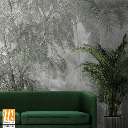 Tropical trees and leaves wallpaper design in foggy forest - 3D illustration [WP-FXH-346]