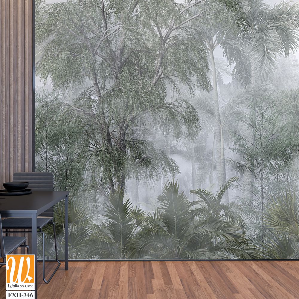 Tropical trees and leaves wallpaper design in foggy forest - 3D illustration [WP-FXH-346]