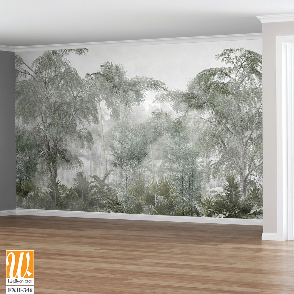 Tropical trees and leaves wallpaper design in foggy forest - 3D illustration [WP-FXH-346]