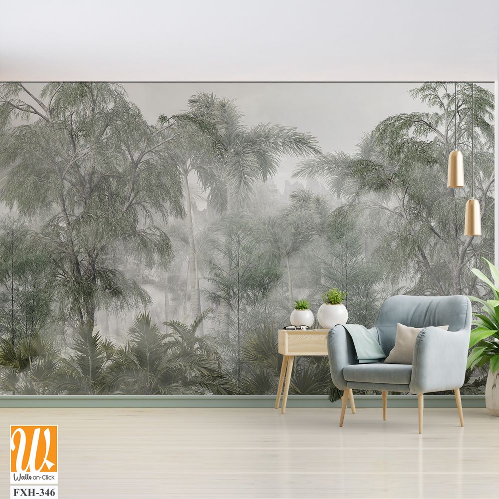 Tropical trees and leaves wallpaper design in foggy forest - 3D illustration [WP-FXH-346]