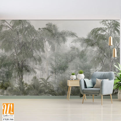 Tropical trees and leaves wallpaper design in foggy forest - 3D illustration [WP-FXH-346]