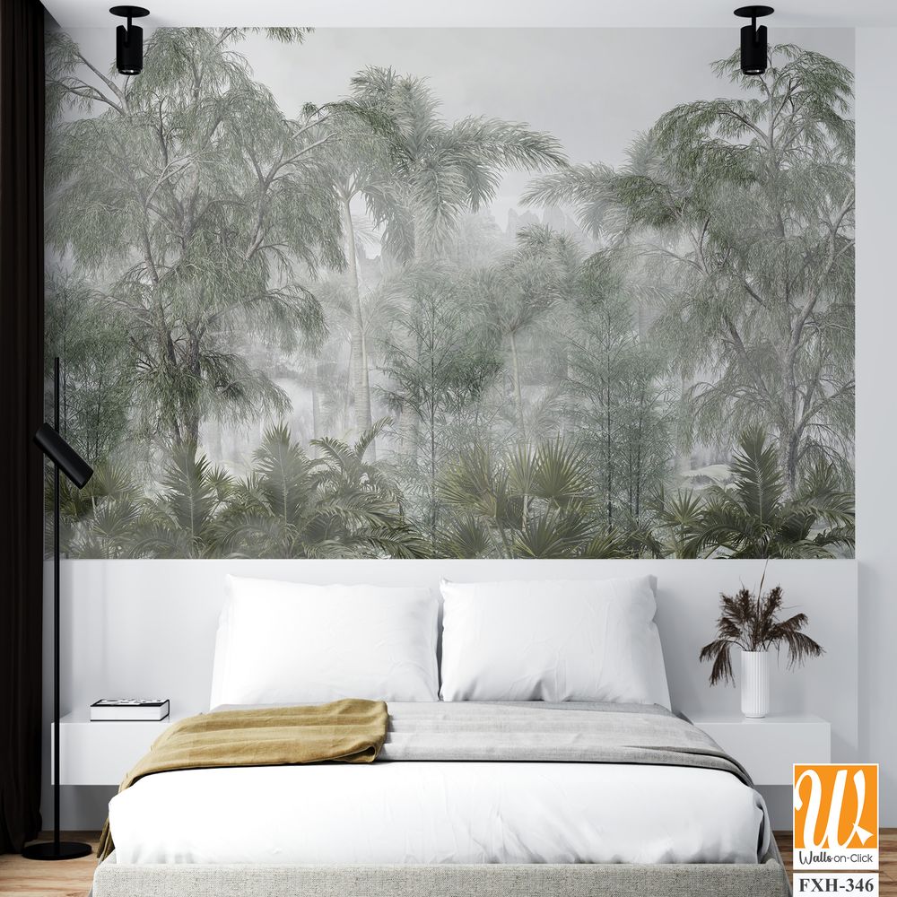 Tropical trees and leaves wallpaper design in foggy forest - 3D illustration [WP-FXH-346]