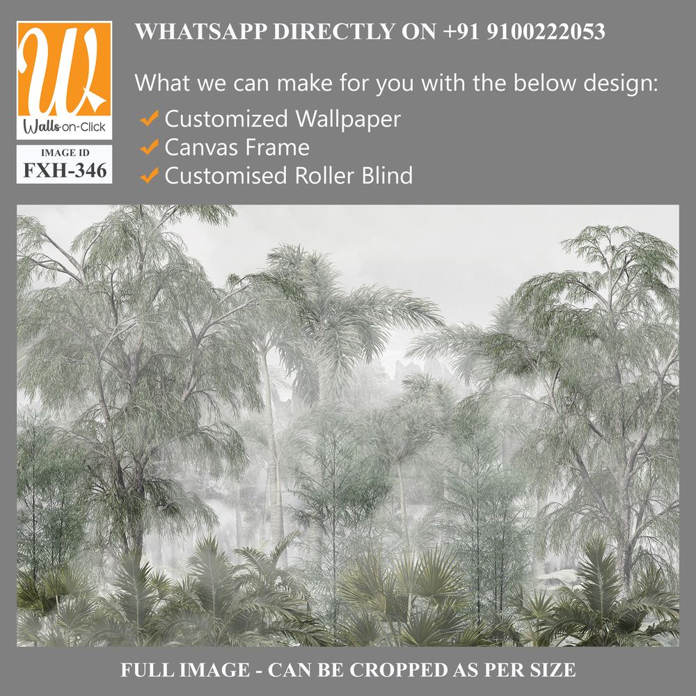 Tropical trees and leaves wallpaper design in foggy forest - 3D illustration [WP-FXH-346]
