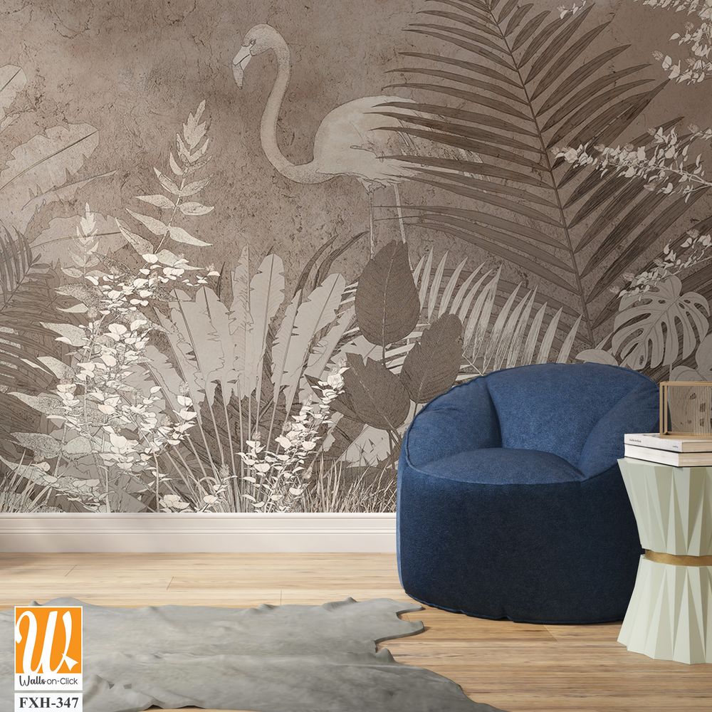 Tropical trees and leaves wallpaper design in foggy forest - 3D illustration [WP-FXH-347]