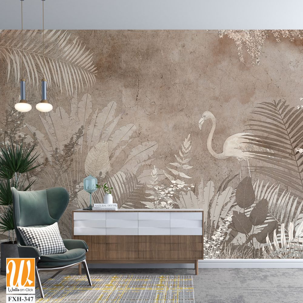 Tropical trees and leaves wallpaper design in foggy forest - 3D illustration [WP-FXH-347]