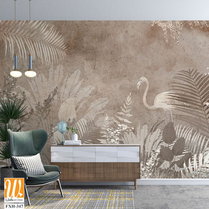 Tropical trees and leaves wallpaper design in foggy forest - 3D illustration [WP-FXH-347]