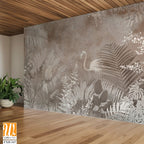Tropical trees and leaves wallpaper design in foggy forest - 3D illustration [WP-FXH-347]