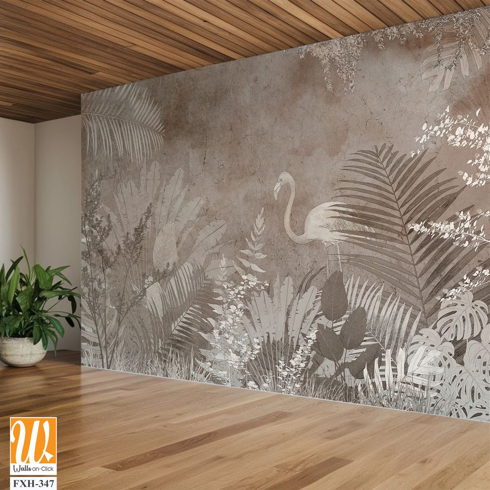 Tropical trees and leaves wallpaper design in foggy forest - 3D illustration [WP-FXH-347]