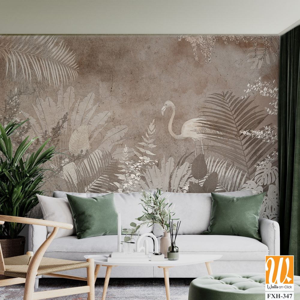 Tropical trees and leaves wallpaper design in foggy forest - 3D illustration [WP-FXH-347]