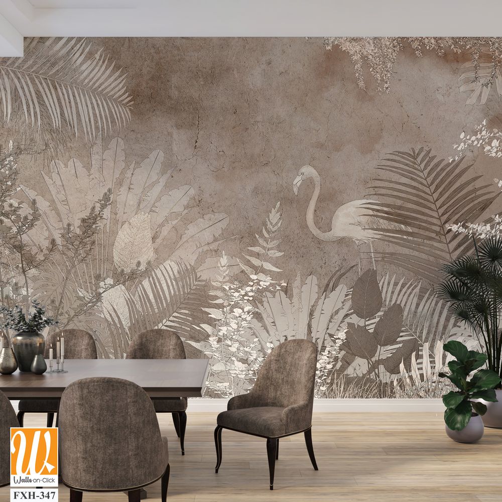 Tropical trees and leaves wallpaper design in foggy forest - 3D illustration [WP-FXH-347]