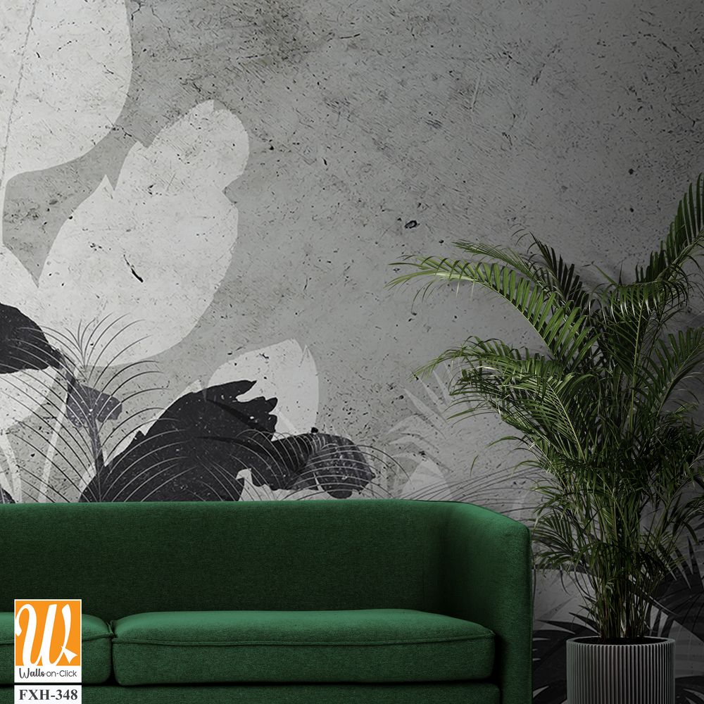 Tropical trees and leaves wallpaper design in foggy forest - 3D illustration [WP-FXH-348]