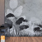 Tropical trees and leaves wallpaper design in foggy forest - 3D illustration [WP-FXH-348]