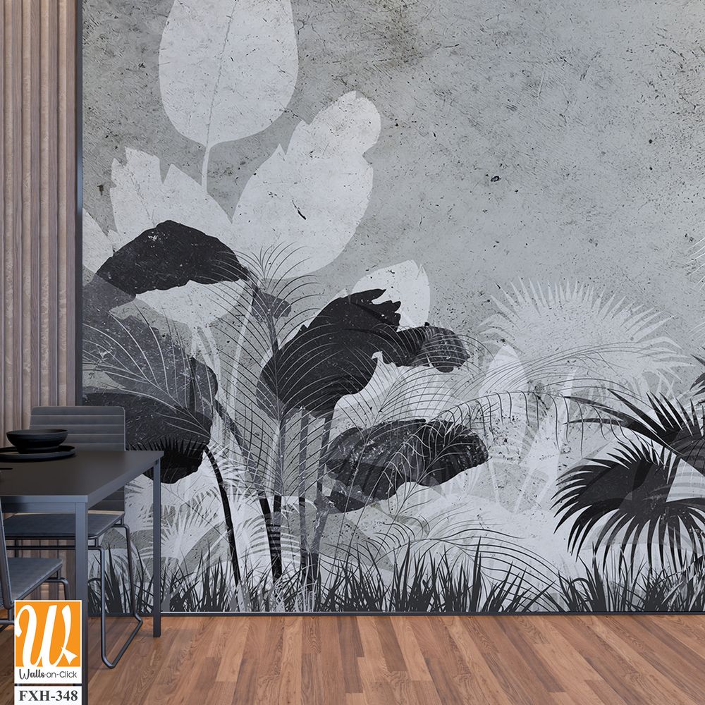 Tropical trees and leaves wallpaper design in foggy forest - 3D illustration [WP-FXH-348]