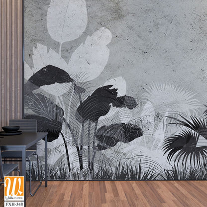 Tropical trees and leaves wallpaper design in foggy forest - 3D illustration [WP-FXH-348]