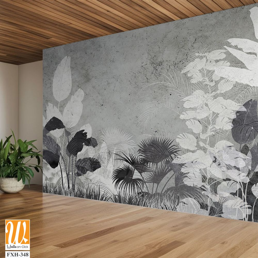 Tropical trees and leaves wallpaper design in foggy forest - 3D illustration [WP-FXH-348]