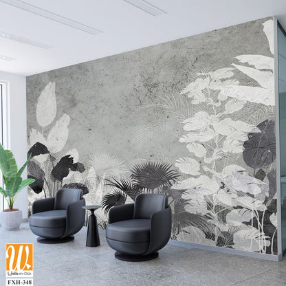 Tropical trees and leaves wallpaper design in foggy forest - 3D illustration [WP-FXH-348]