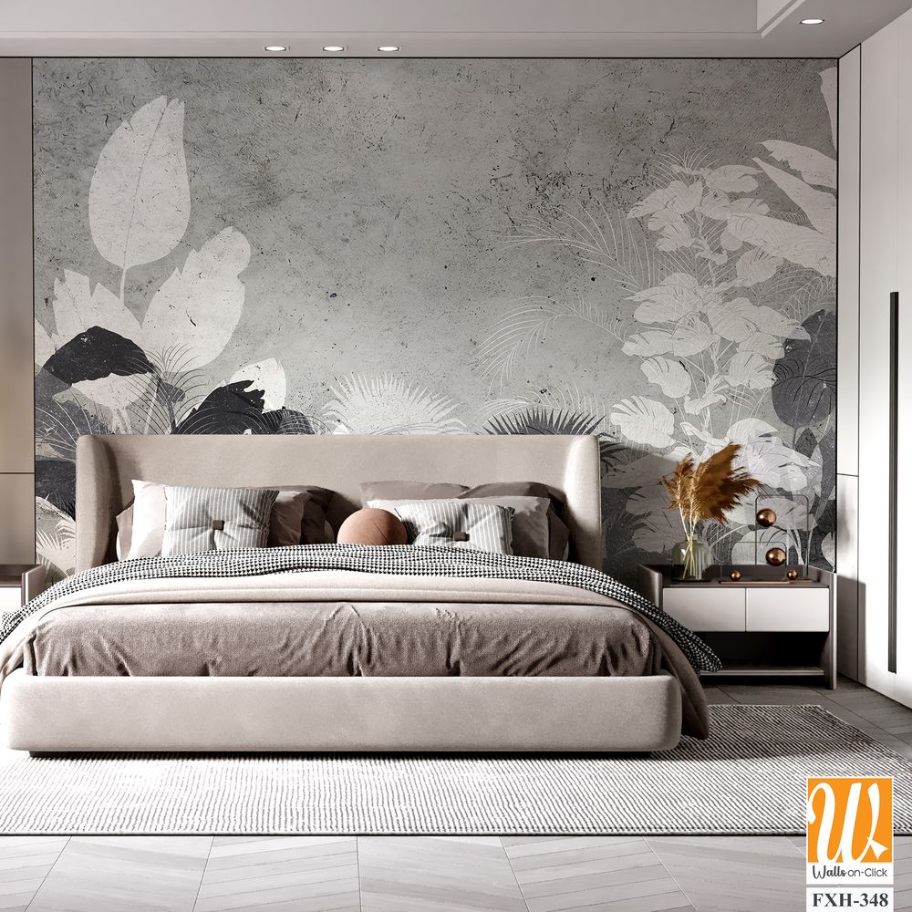 Tropical trees and leaves wallpaper design in foggy forest - 3D illustration [WP-FXH-348]