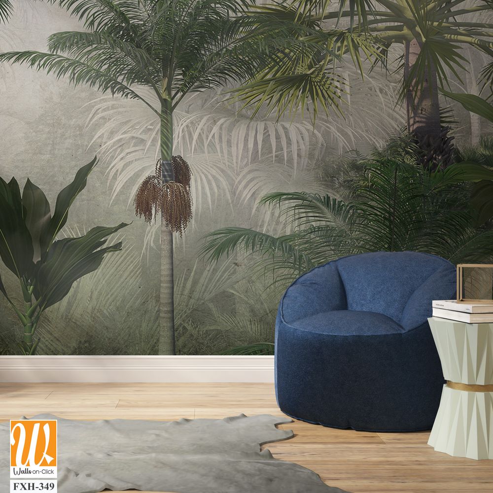 Tropical trees and leaves wallpaper design in foggy forest - 3D illustration [WP-FXH-349]