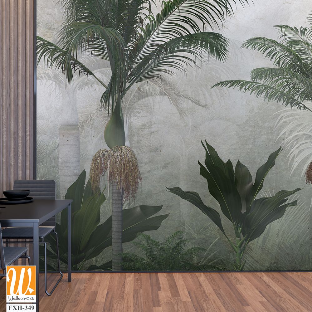 Tropical trees and leaves wallpaper design in foggy forest - 3D illustration [WP-FXH-349]