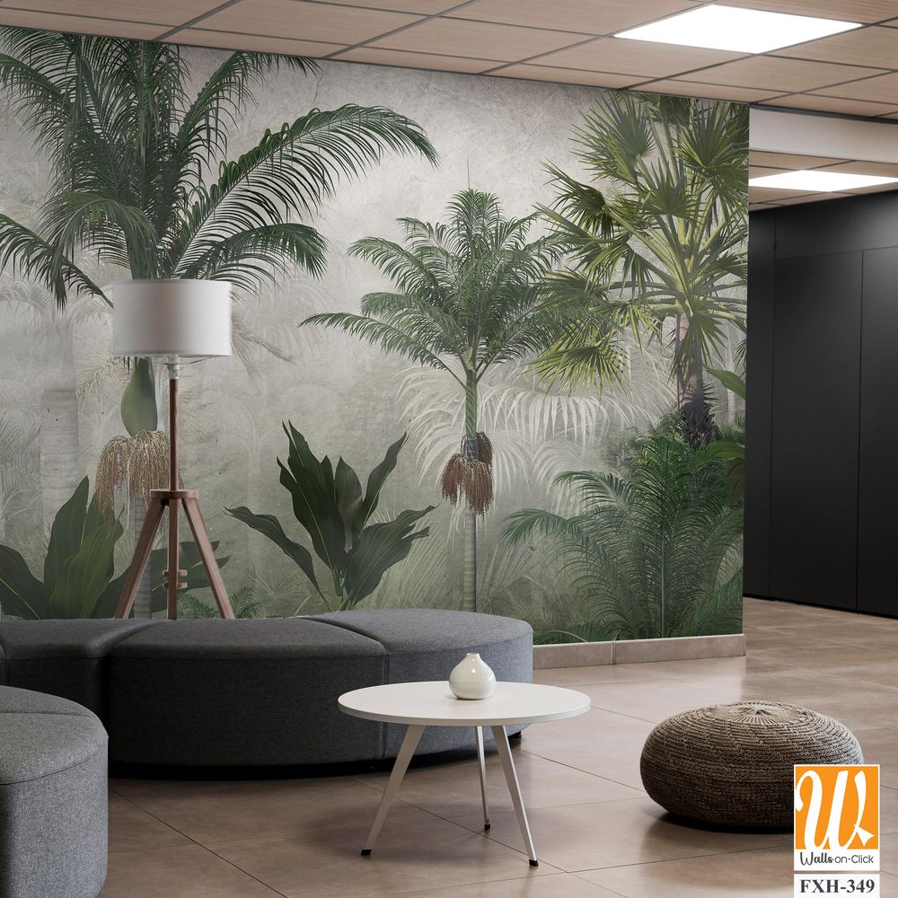 Tropical trees and leaves wallpaper design in foggy forest - 3D illustration [WP-FXH-349]