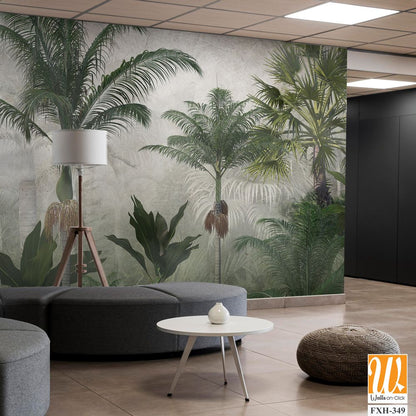 Tropical trees and leaves wallpaper design in foggy forest - 3D illustration [WP-FXH-349]