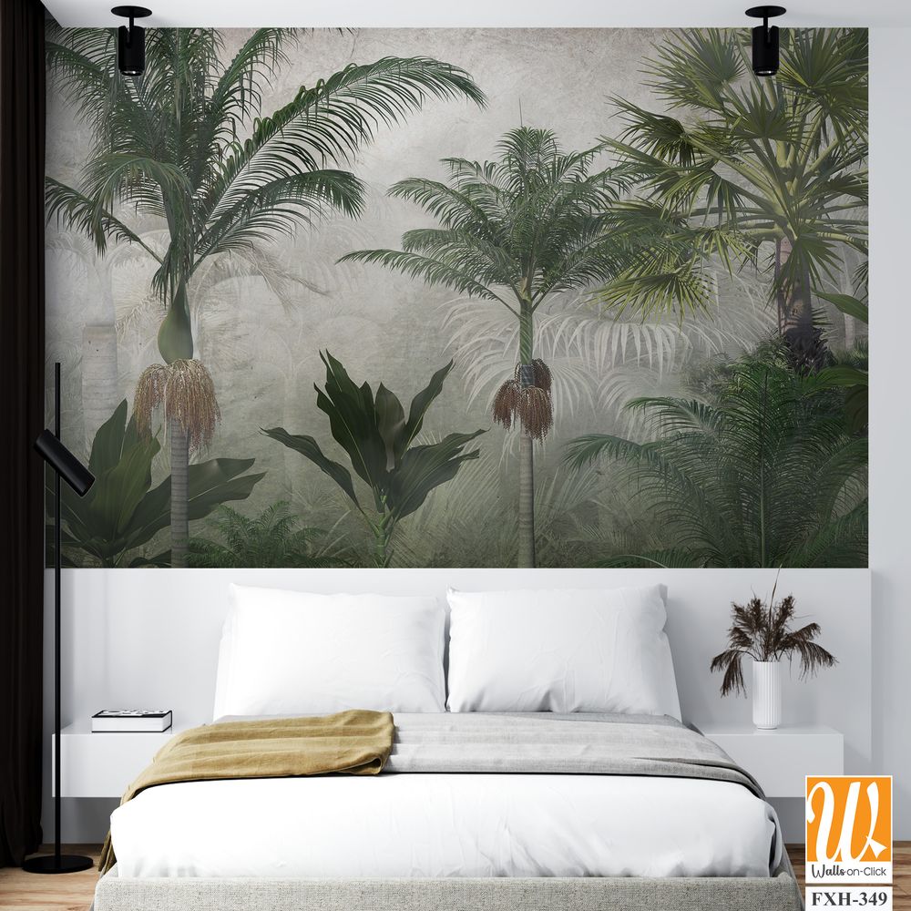 Tropical trees and leaves wallpaper design in foggy forest - 3D illustration [WP-FXH-349]