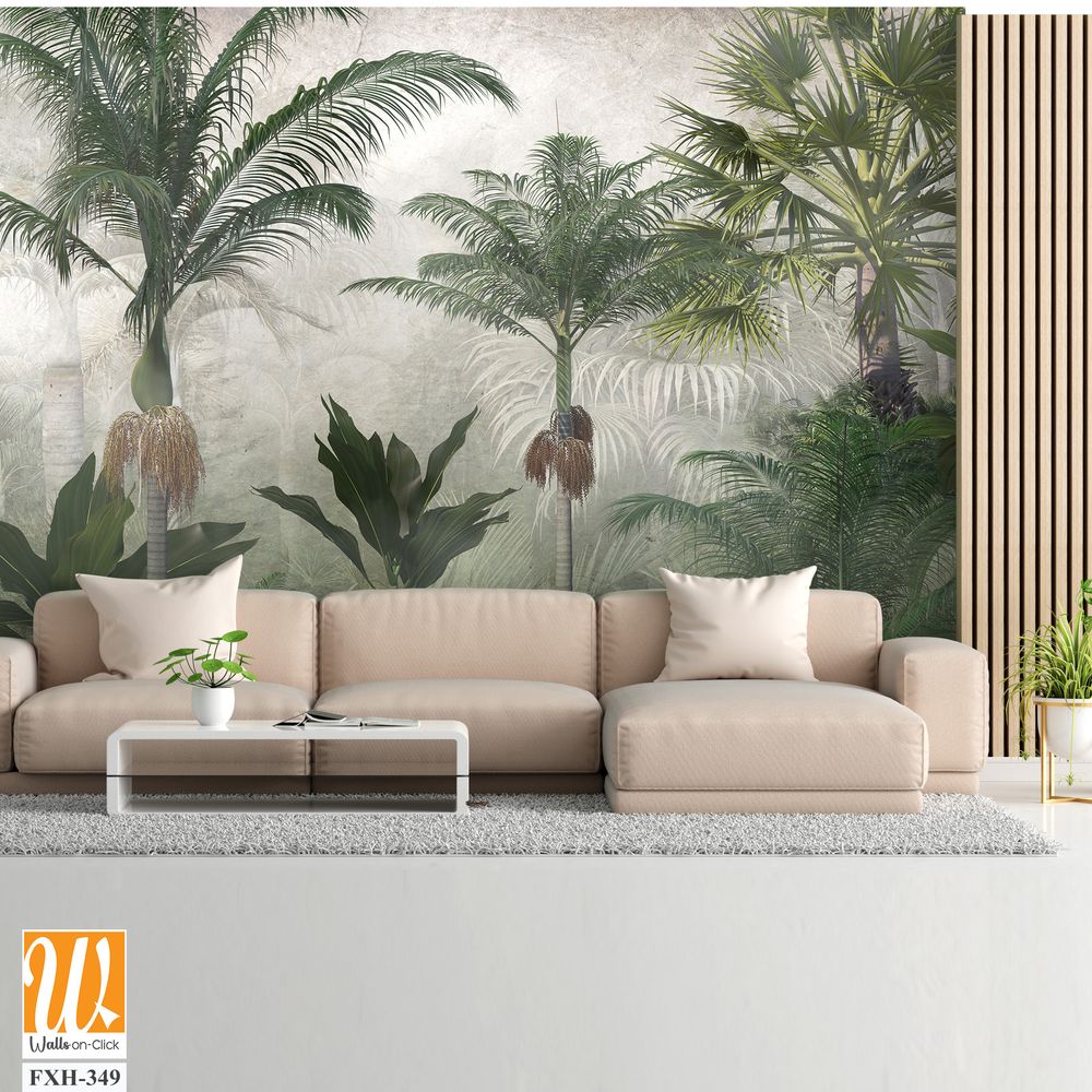Tropical trees and leaves wallpaper design in foggy forest - 3D illustration [WP-FXH-349]