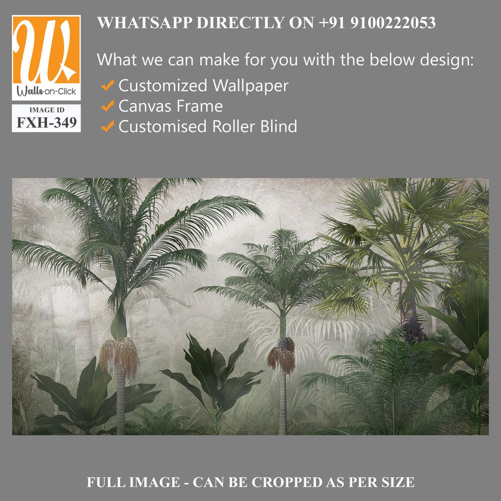 Tropical trees and leaves wallpaper design in foggy forest - 3D illustration [WP-FXH-349]