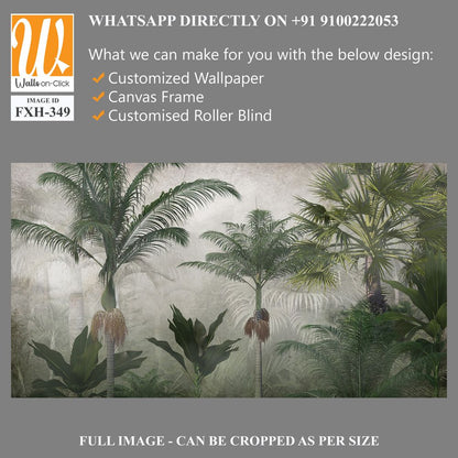 Tropical trees and leaves wallpaper design in foggy forest - 3D illustration [WP-FXH-349]