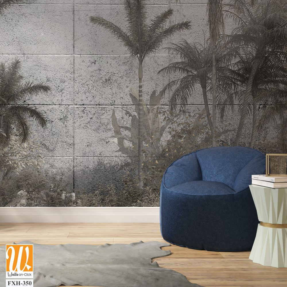 Tropical trees and leaves for digital printing wallpaper, custom design wallpaper - 3D illustration [WP-FXH-350]