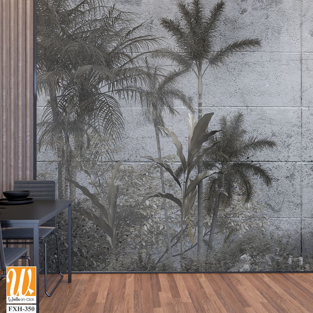 Tropical trees and leaves for digital printing wallpaper, custom design wallpaper - 3D illustration [WP-FXH-350]