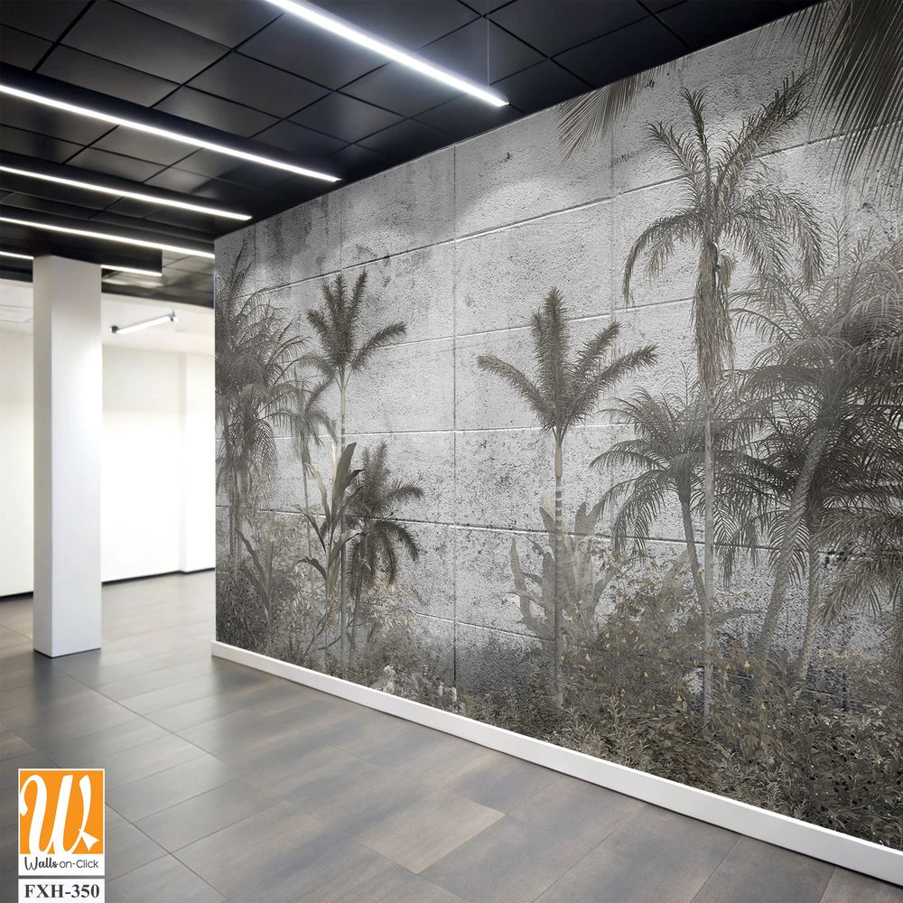 Tropical trees and leaves for digital printing wallpaper, custom design wallpaper - 3D illustration [WP-FXH-350]