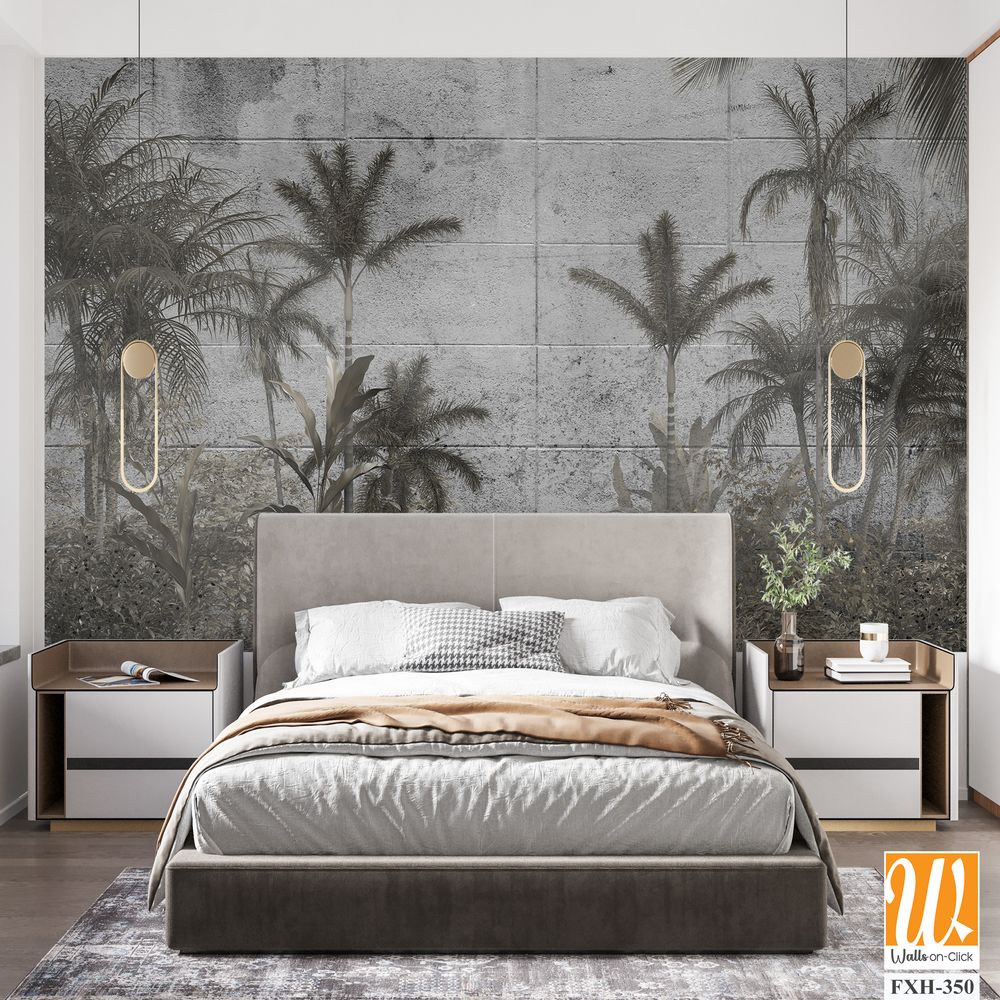 Tropical trees and leaves for digital printing wallpaper, custom design wallpaper - 3D illustration [WP-FXH-350]