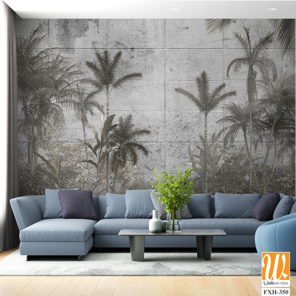 Tropical trees and leaves for digital printing wallpaper, custom design wallpaper - 3D illustration [WP-FXH-350]
