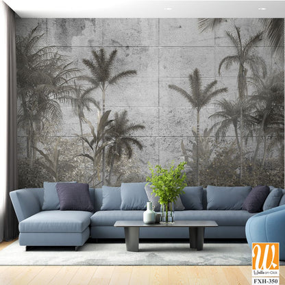 Tropical trees and leaves for digital printing wallpaper, custom design wallpaper - 3D illustration [WP-FXH-350]