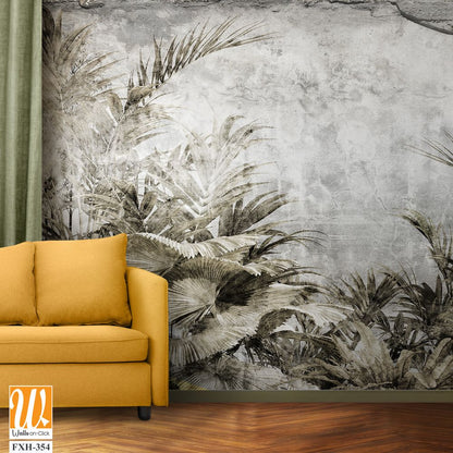 Tropical trees and leaves wallpaper design in foggy forest - 3D illustration [WP-FXH-354]